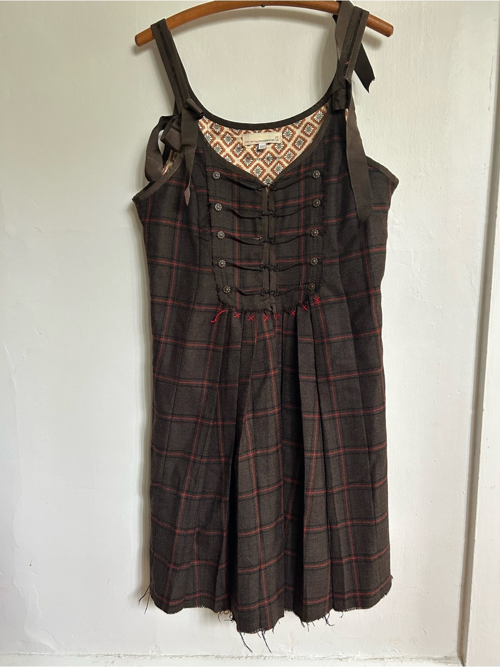Odd Molly Brown Plaid Tie-Shoulder Mini Dress with Red Accents